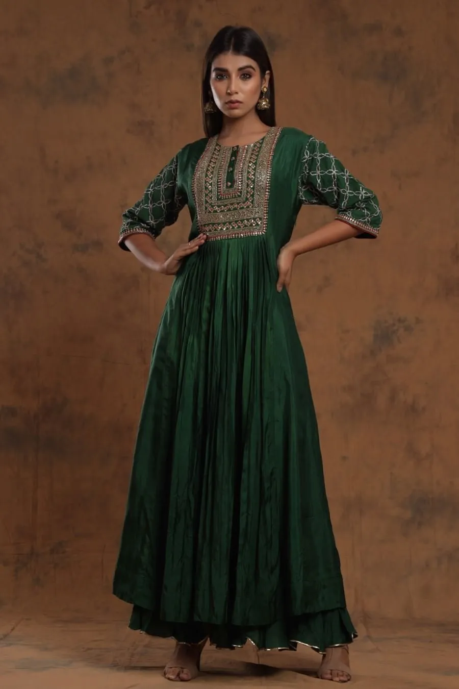 Bottle Green Chanderi Silk Kalidar Kurti With EmbroideryCrepe Silk Digital Print Western Top