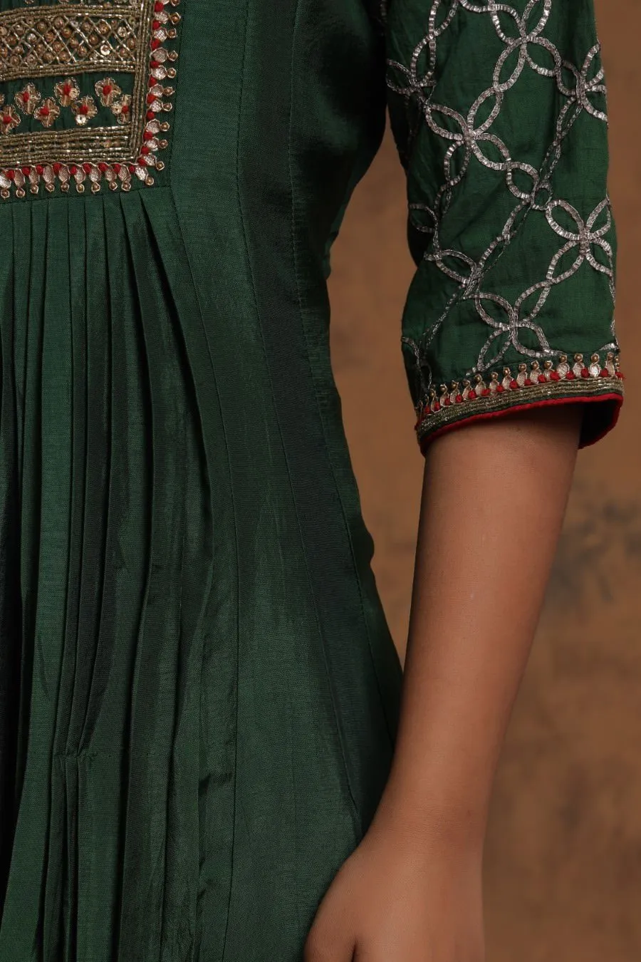 Bottle Green Chanderi Silk Kalidar Kurti With EmbroideryCrepe Silk Digital Print Western Top