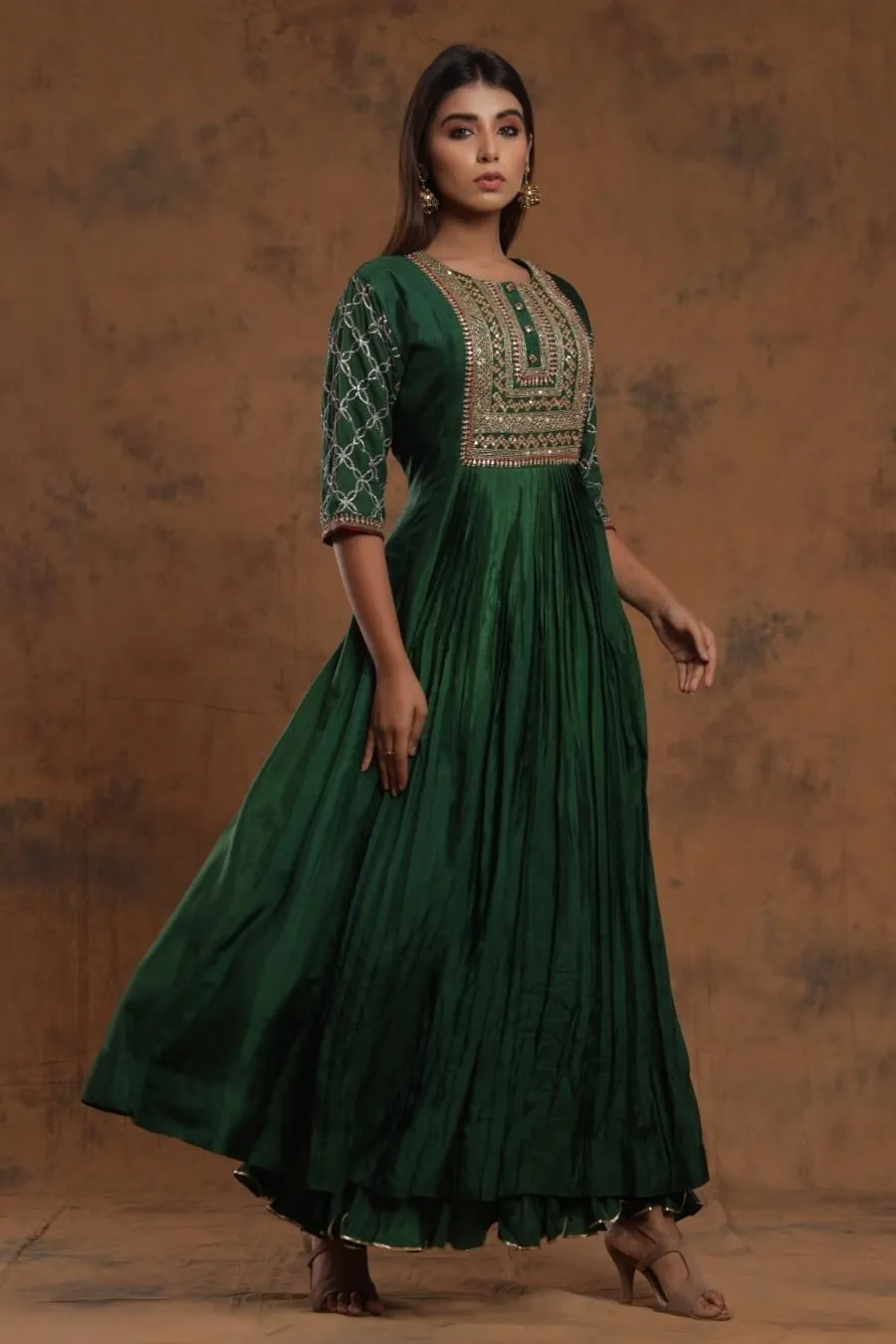 Bottle Green Chanderi Silk Kalidar Kurti With EmbroideryCrepe Silk Digital Print Western Top