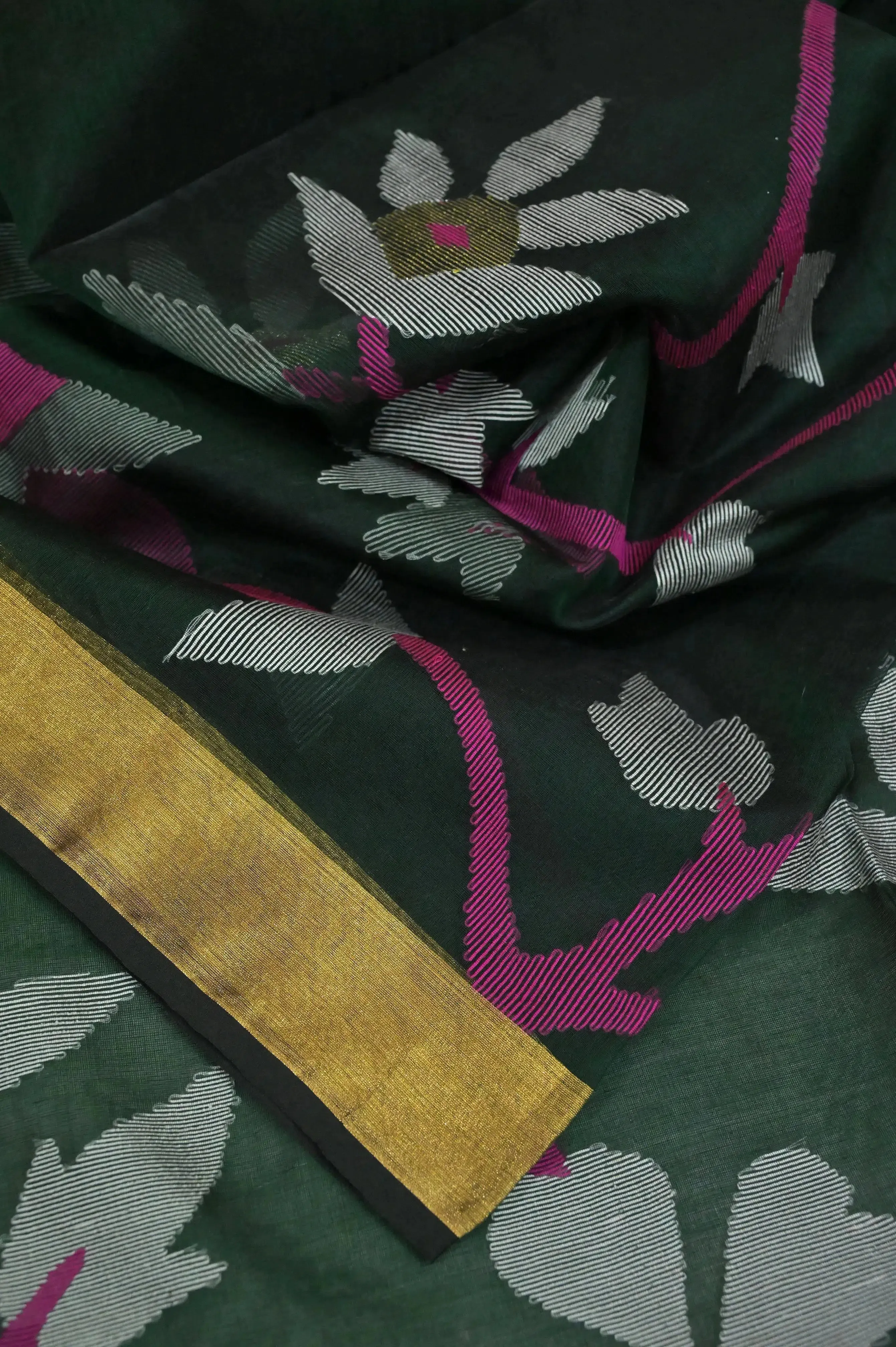 Bottle Green Color Muslin Jamdani Saree with Allover Weaving