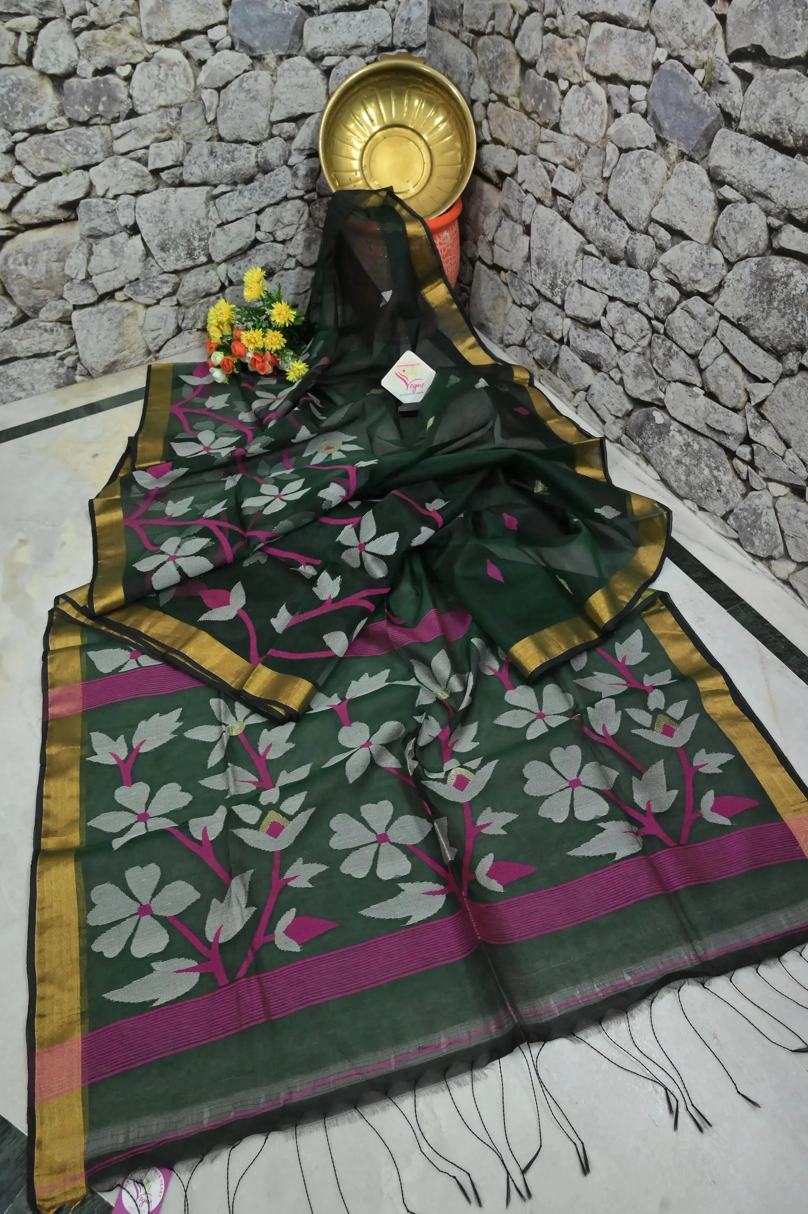 Bottle Green Color Muslin Jamdani Saree with Allover Weaving