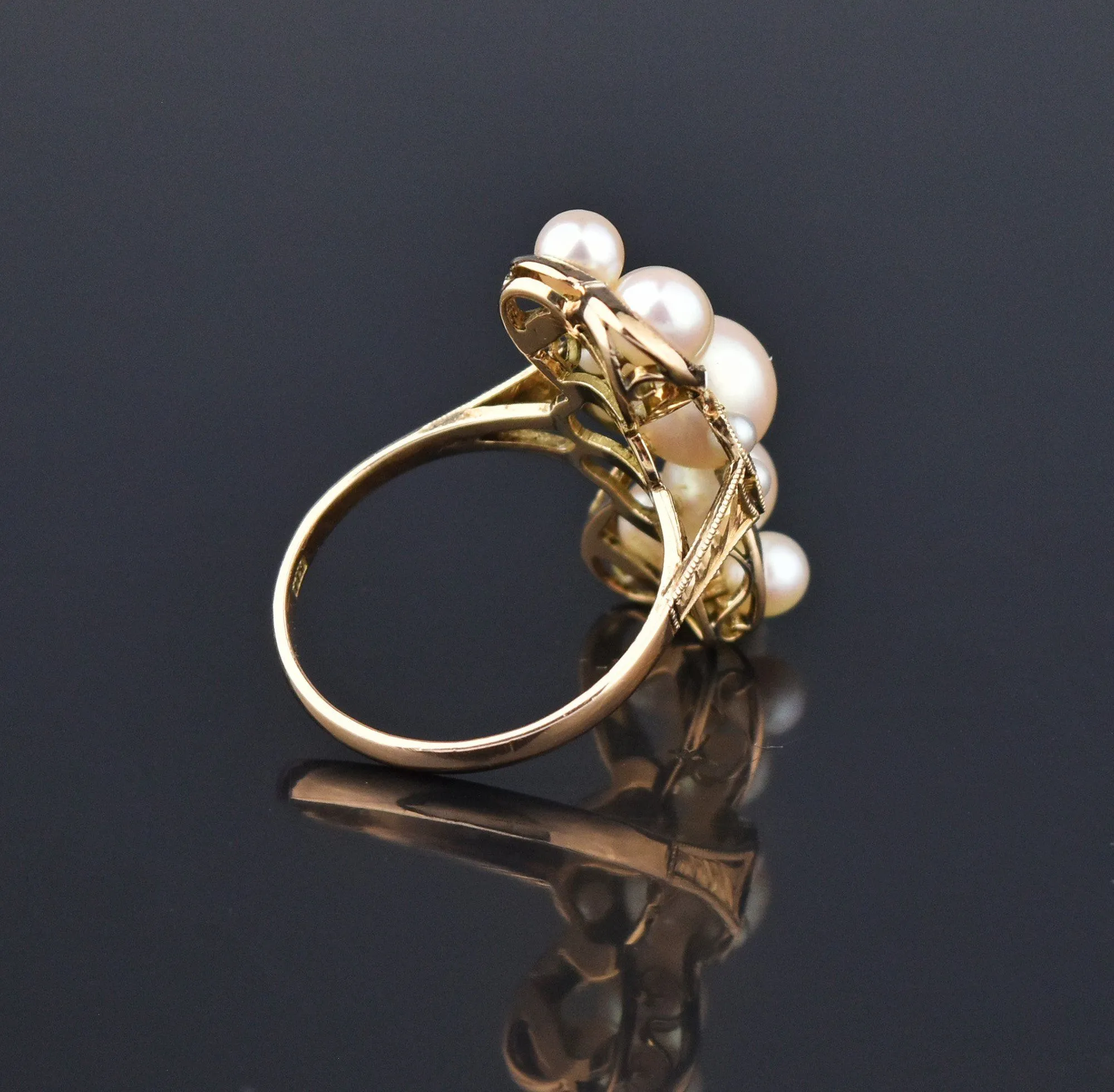 Bowtie Shape 14K Gold Akoya Pearl Cluster Ring