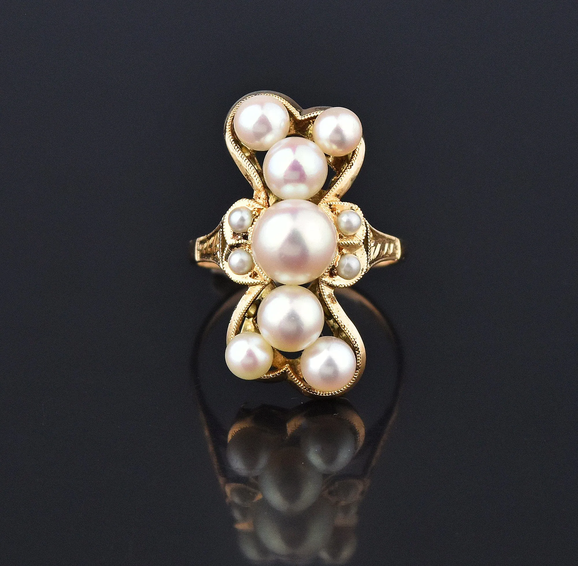 Bowtie Shape 14K Gold Akoya Pearl Cluster Ring