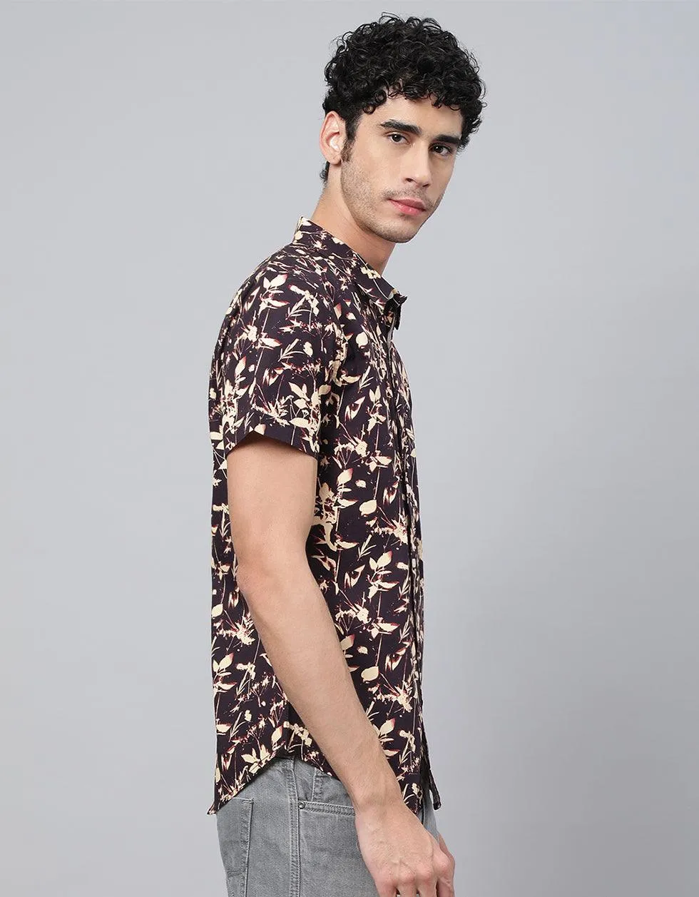 Brown Floral Printed Casual Shirt