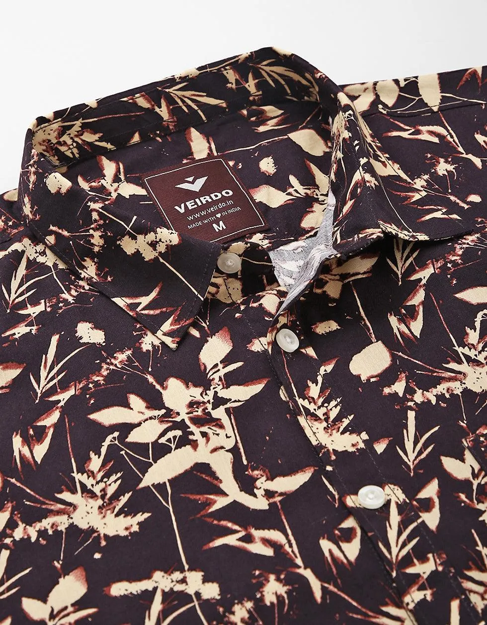 Brown Floral Printed Casual Shirt