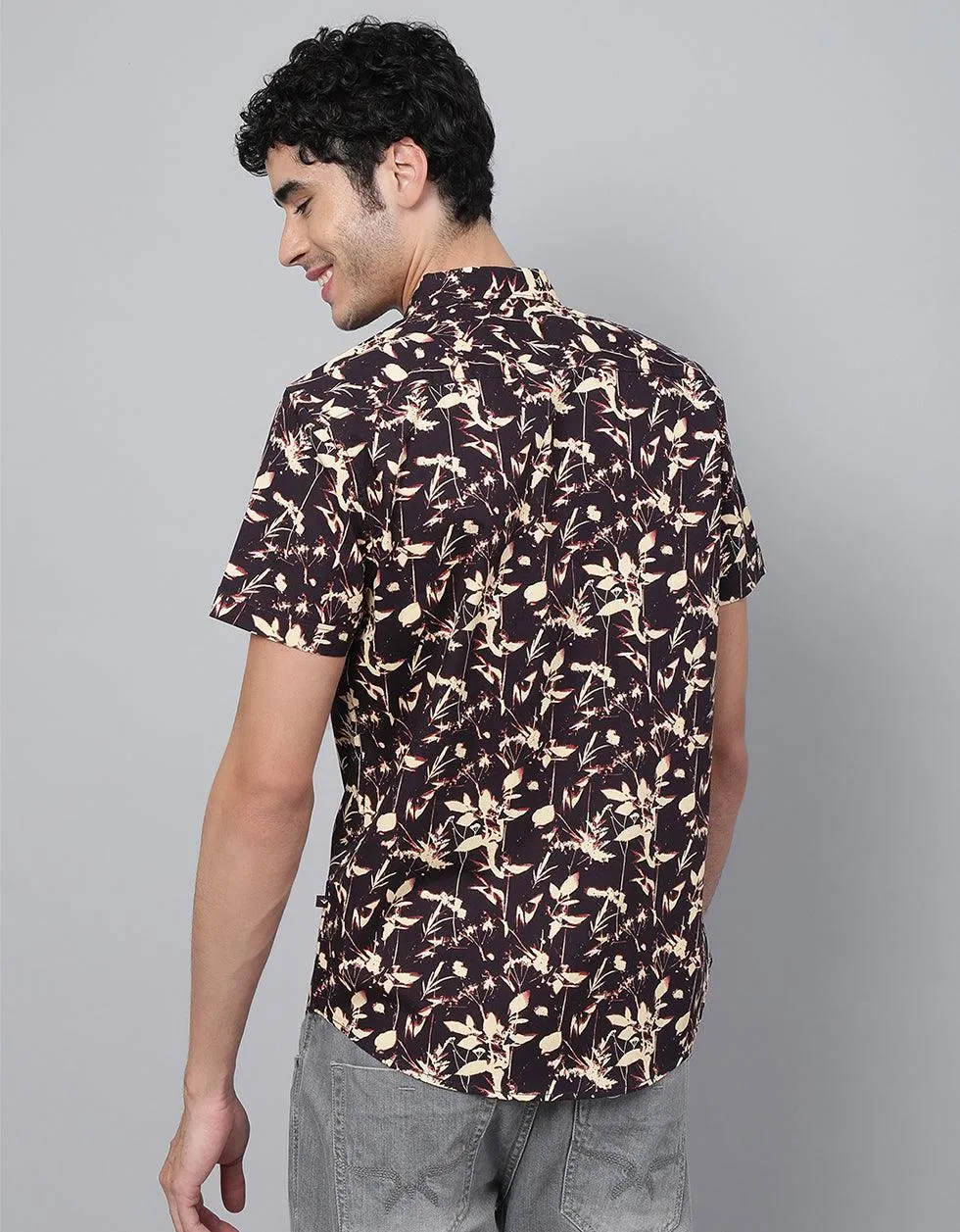 Brown Floral Printed Casual Shirt