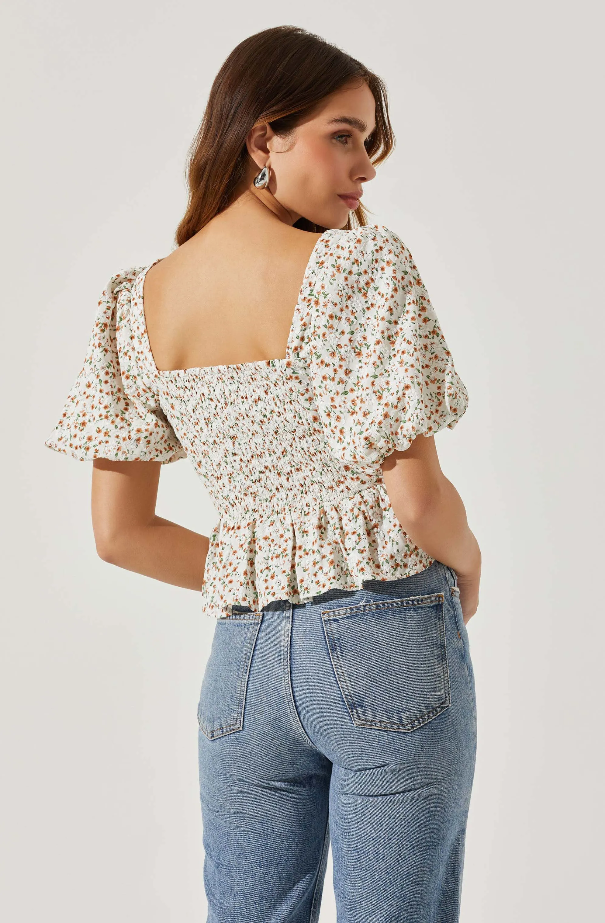 Bubble Sleeve Front Tie Floral Top