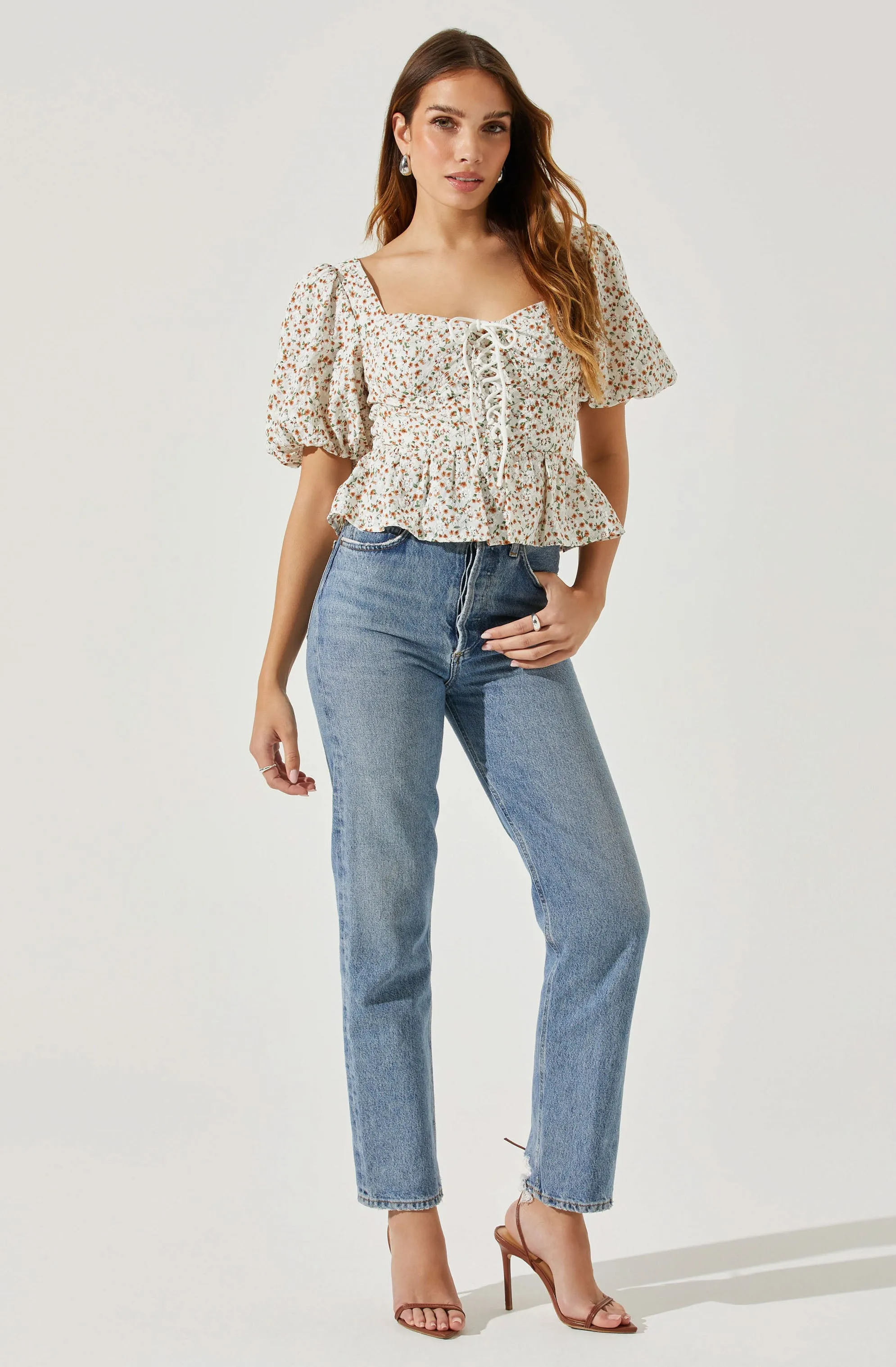 Bubble Sleeve Front Tie Floral Top