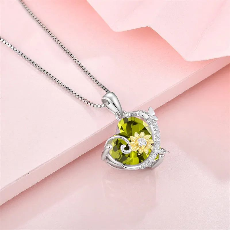 Butterfly Sunflower Heart Necklace 925 Sterling Silver Cubic Zirconia Birthstone Pendant Jewelry Birthday Gifts for Girls Wife Her