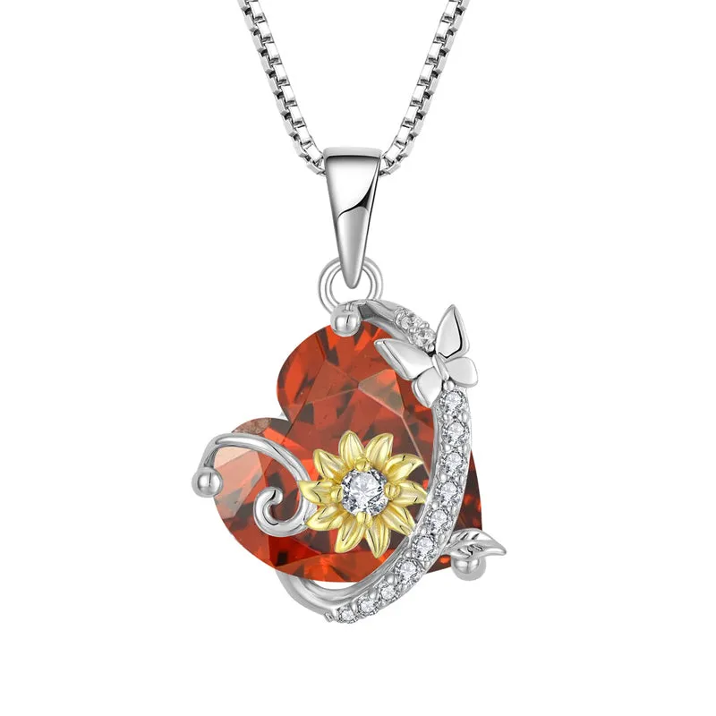 Butterfly Sunflower Heart Necklace 925 Sterling Silver Cubic Zirconia Birthstone Pendant Jewelry Birthday Gifts for Girls Wife Her