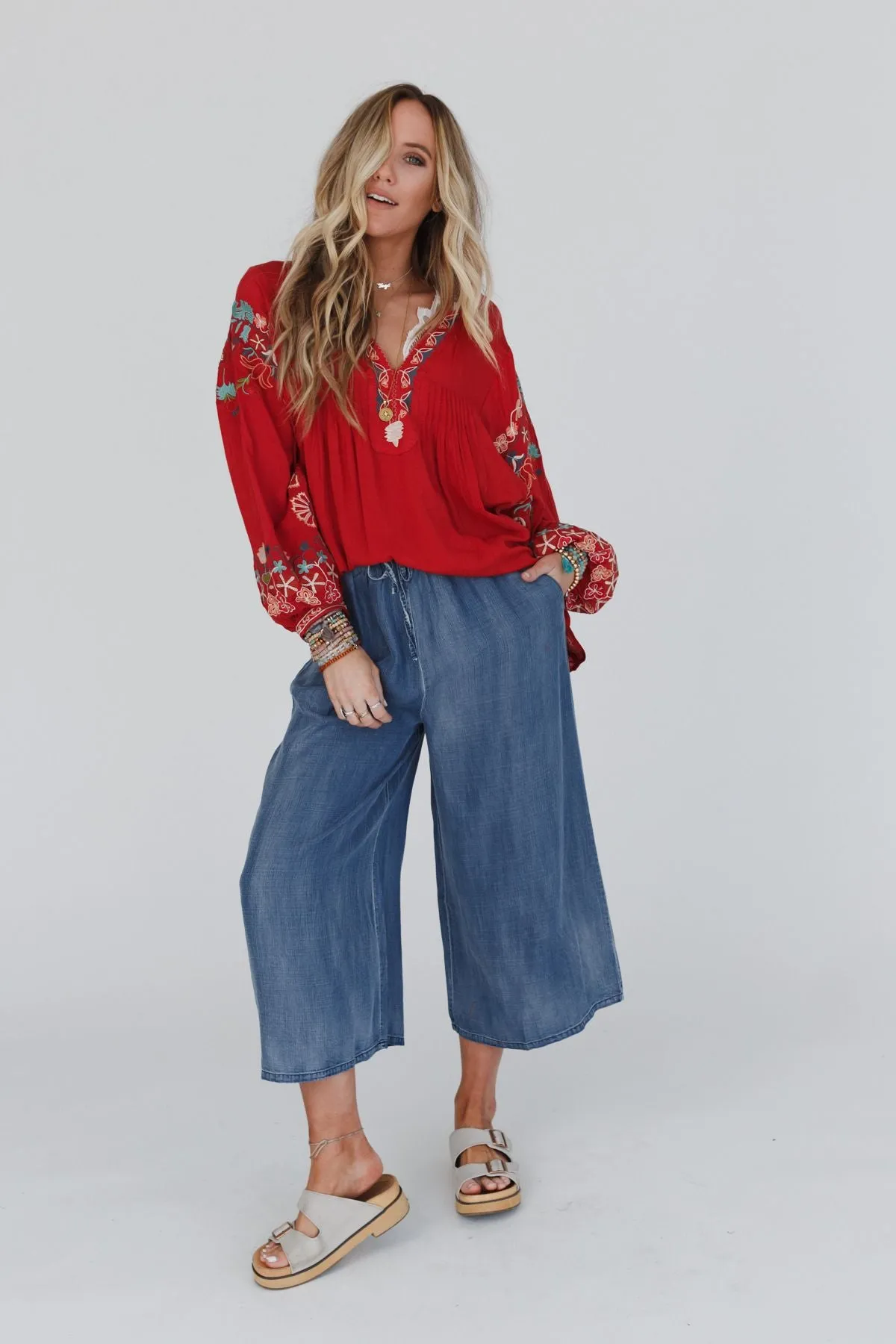 Calla Wide Leg Cropped Denim Pant - Dark Denim