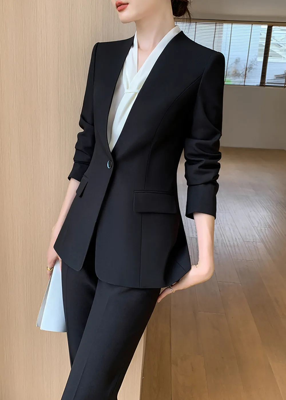 Celia Black One Button Blazer & Cropped Pants Suit Two-Piece Set