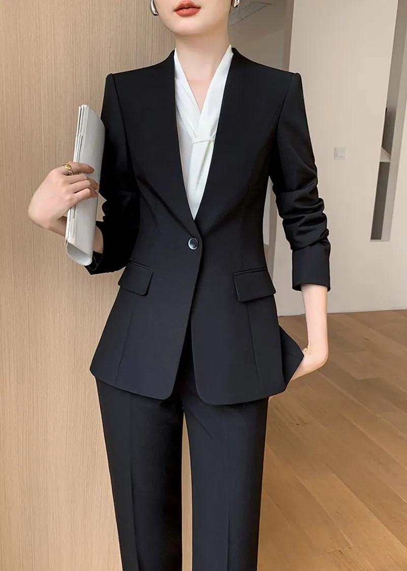 Celia Black One Button Blazer & Cropped Pants Suit Two-Piece Set