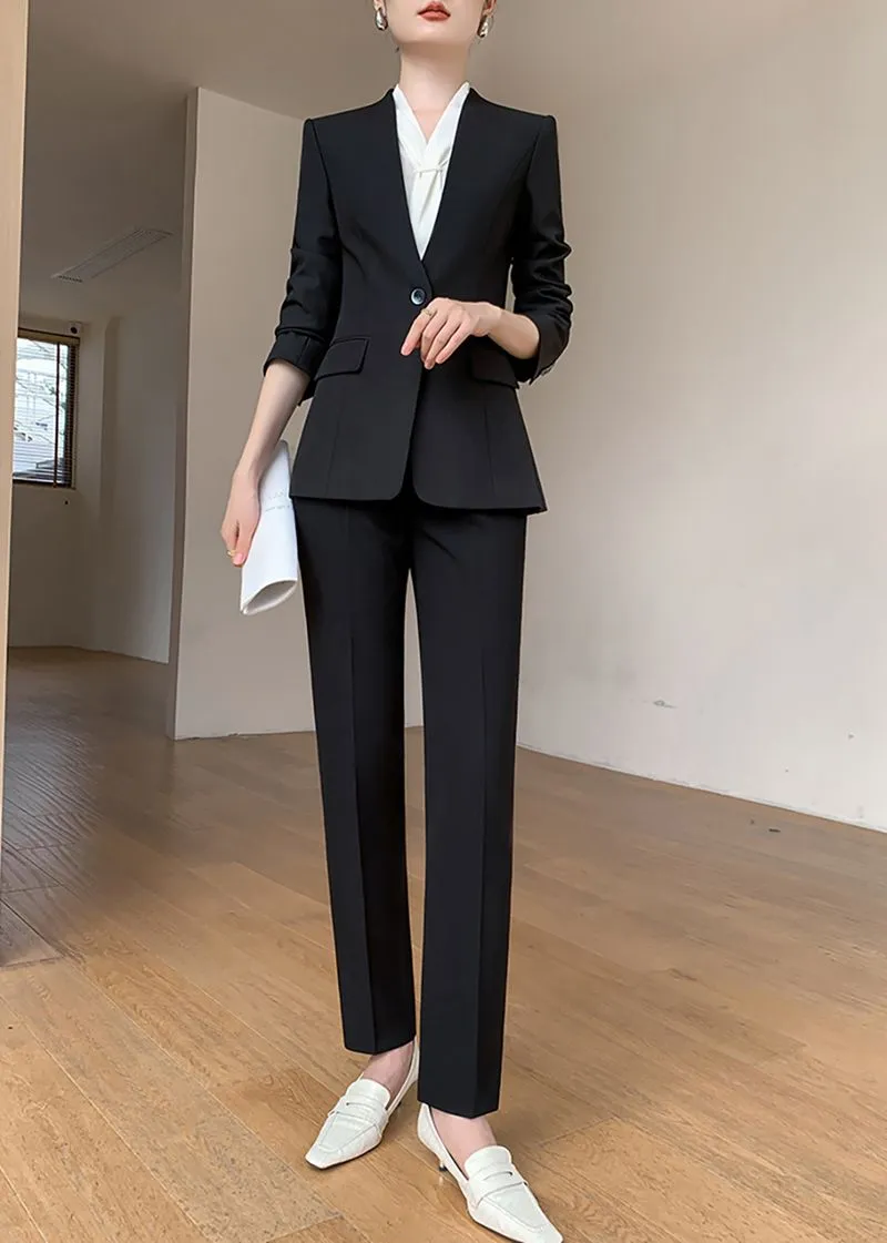 Celia Black One Button Blazer & Cropped Pants Suit Two-Piece Set