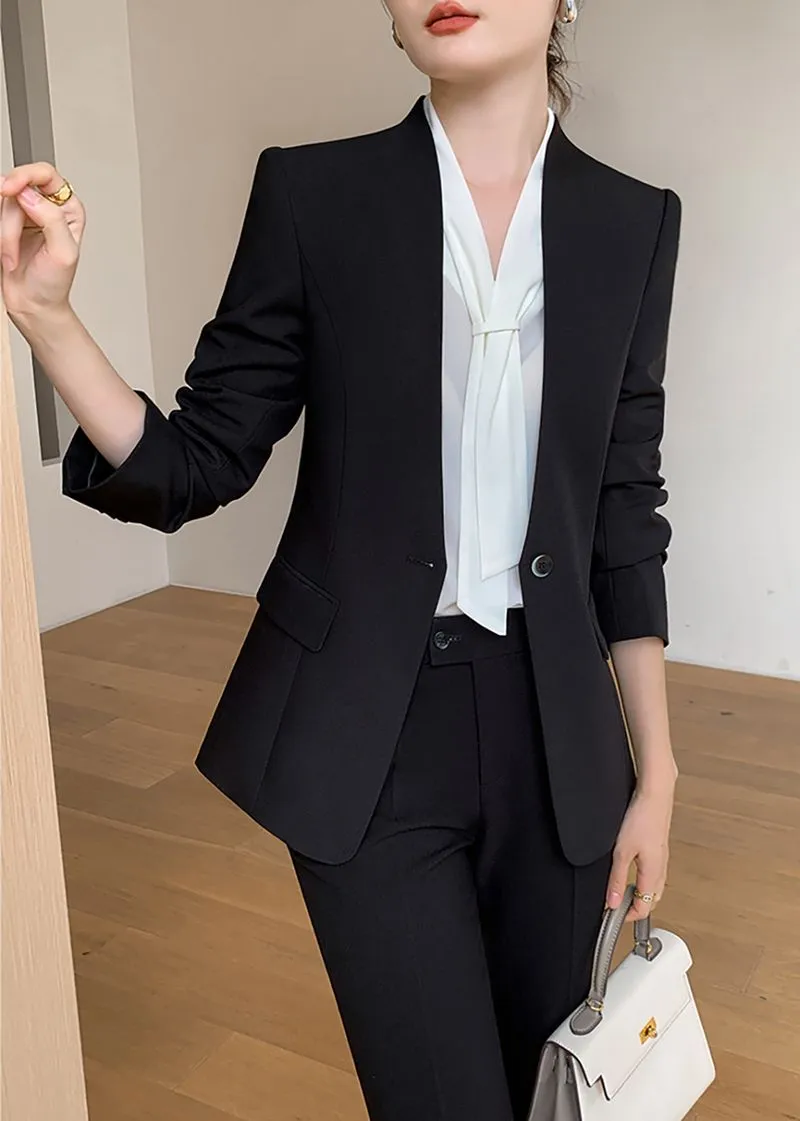 Celia Black One Button Blazer & Cropped Pants Suit Two-Piece Set