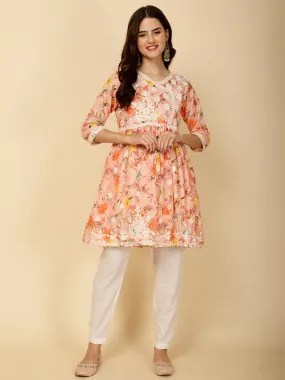 Chikankari & Floral Printed Cotton Kurti