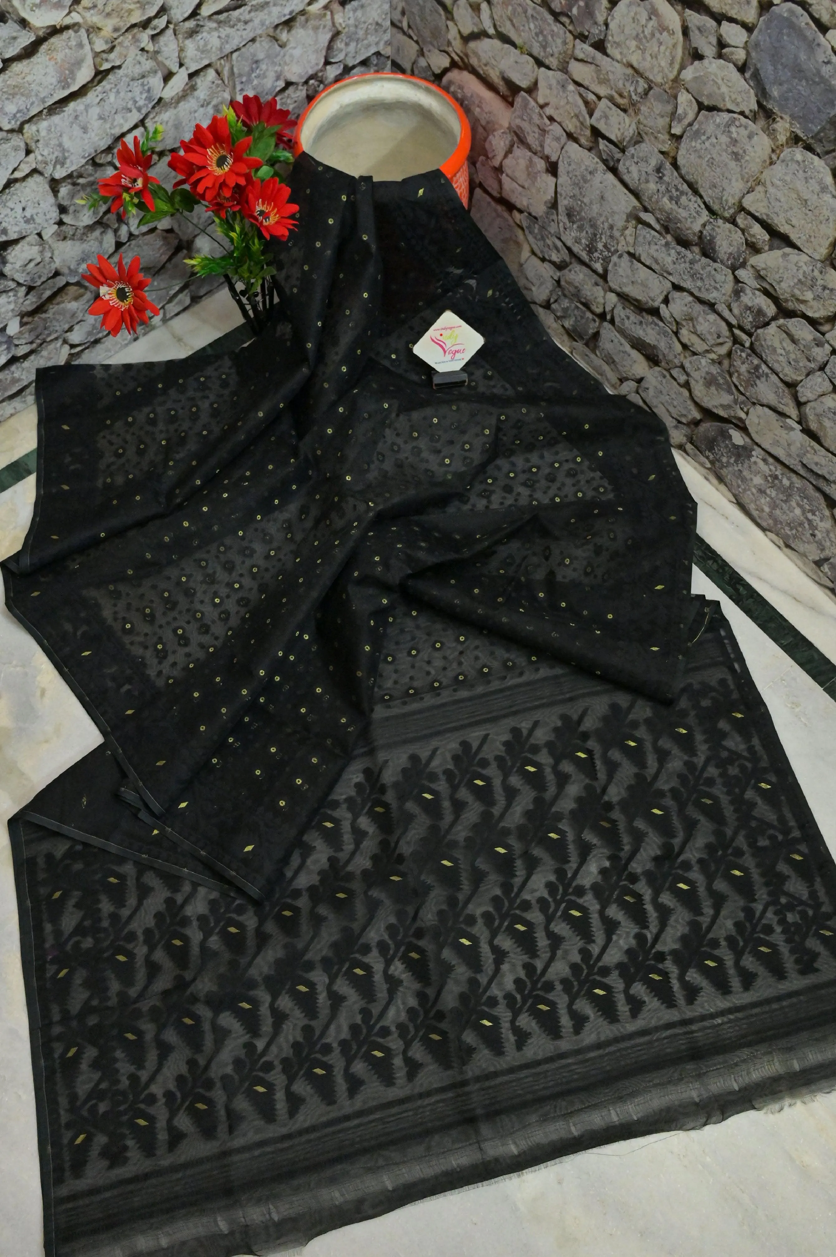 Coal Black Color Jamdani Saree with Blouse Piece