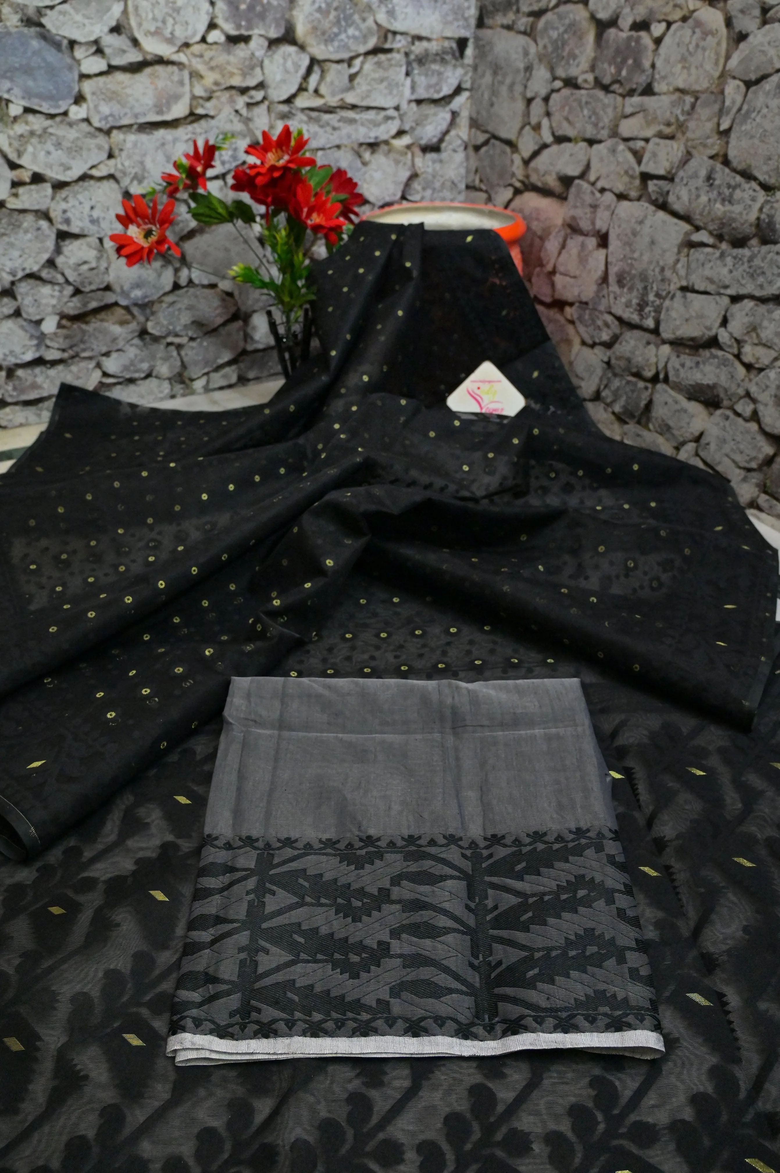 Coal Black Color Jamdani Saree with Blouse Piece