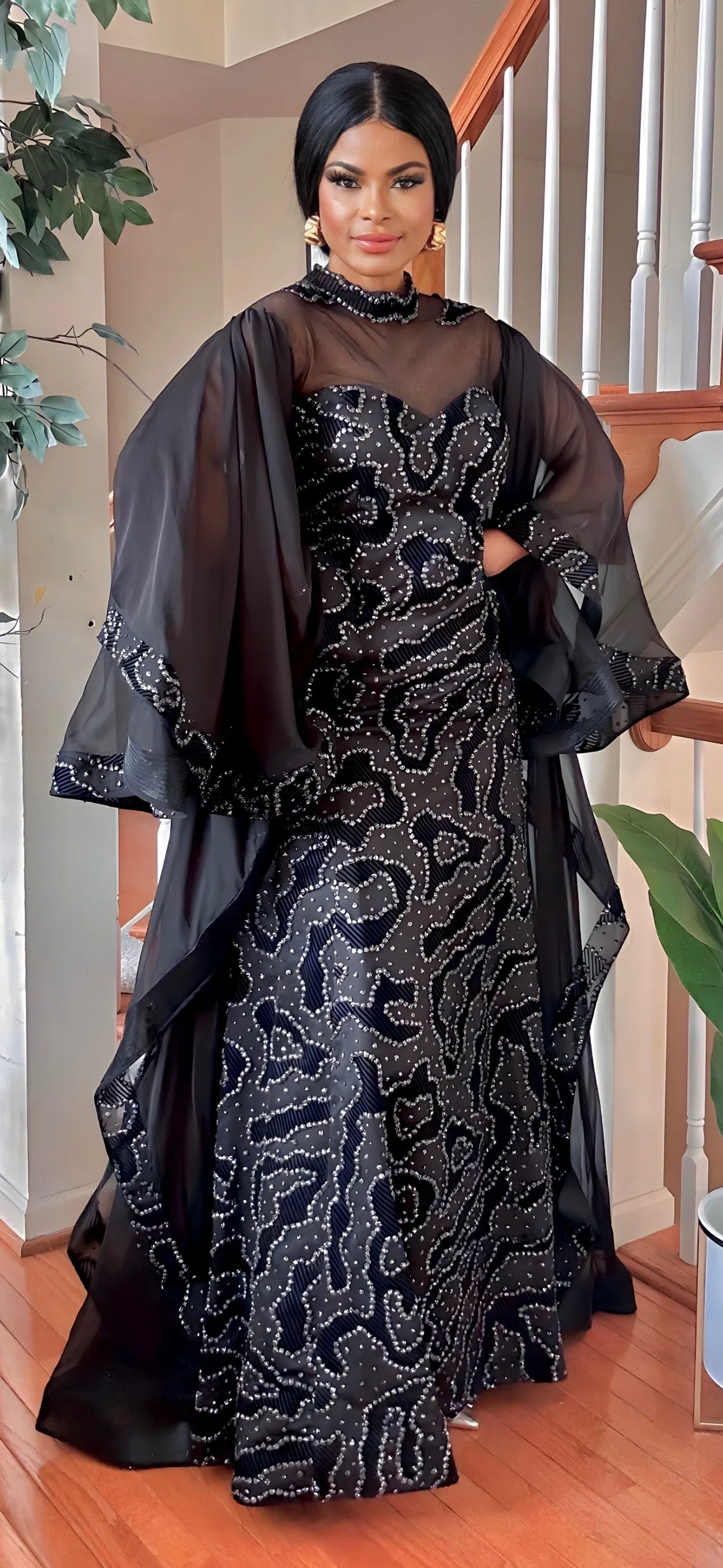 COUTURE DRAMATIC SLEEVE MAXI DRESS(BLACK)