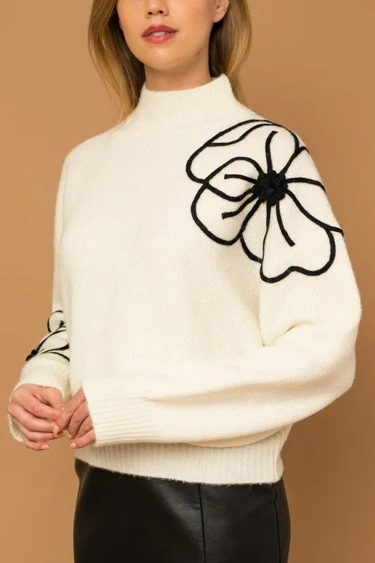 Cozy Flower Embroidery Mock Neck Sweater