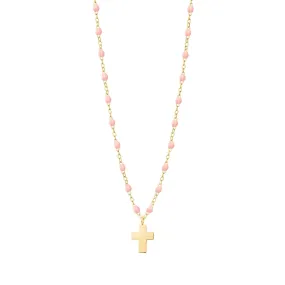 Cross Charm Classic Gigi Baby Pink necklace, Yellow Gold, 16.5"