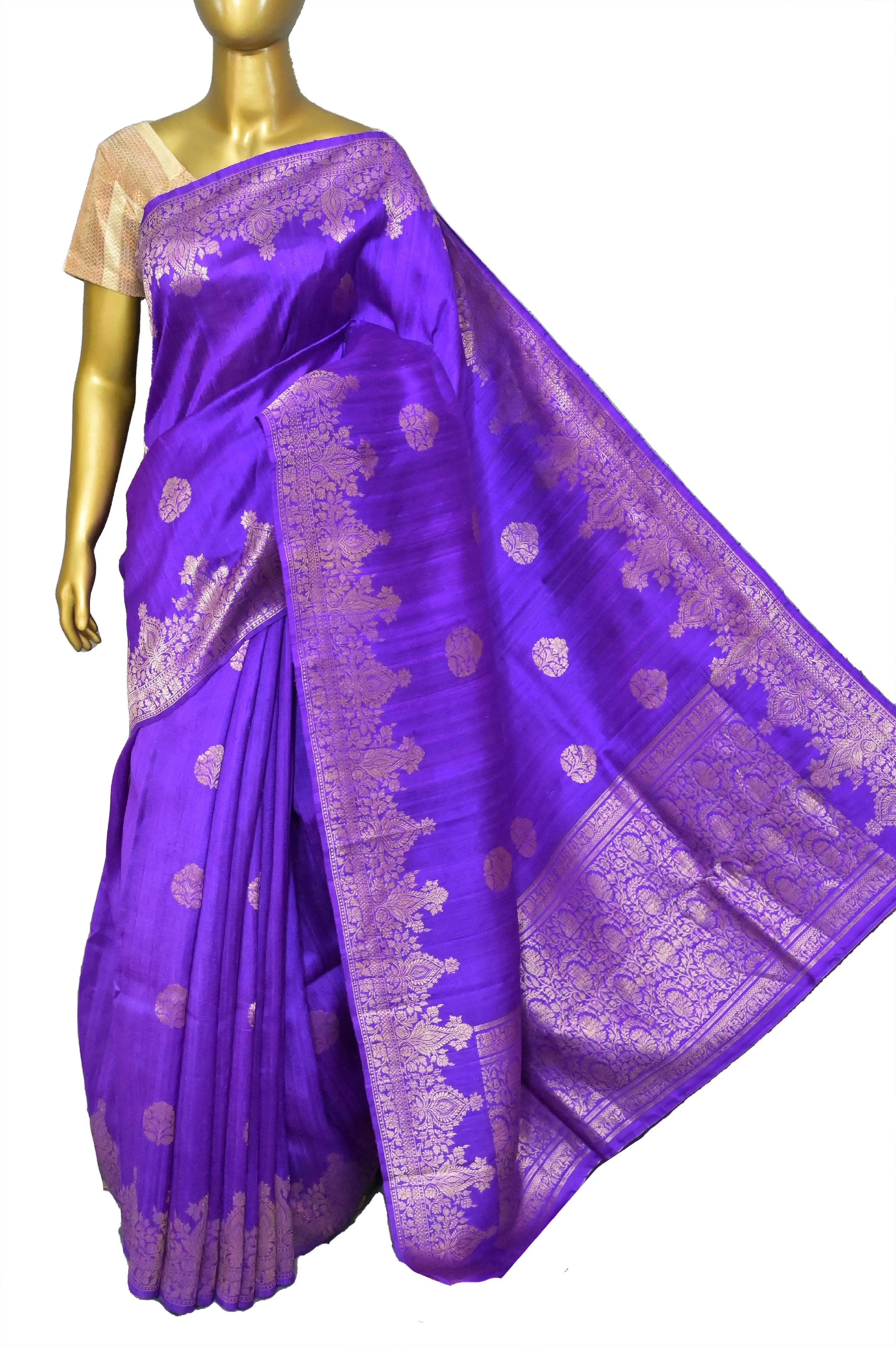 Dark Peony Violet Color Raw Silk Banarasi Saree