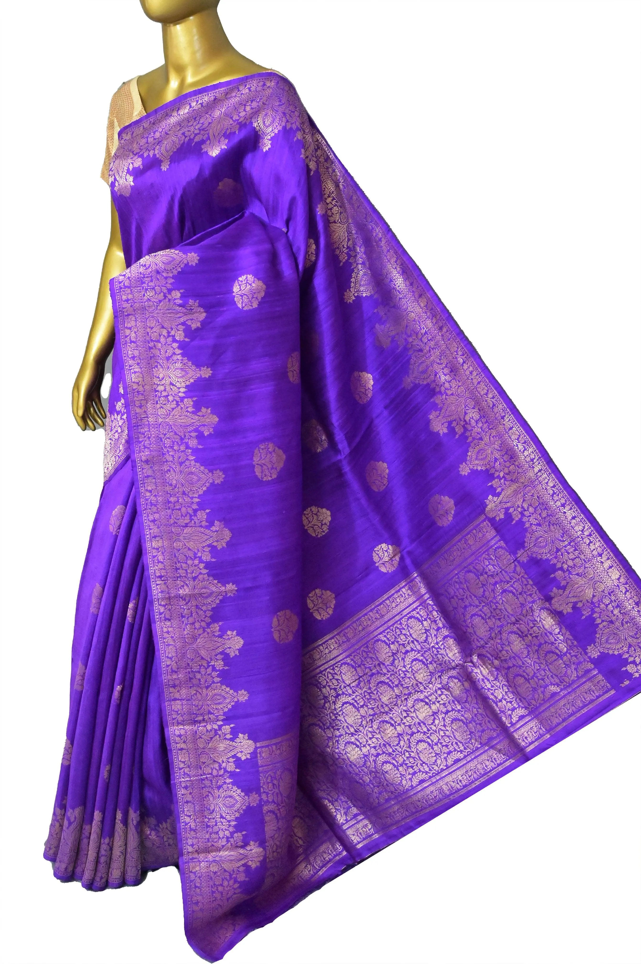 Dark Peony Violet Color Raw Silk Banarasi Saree