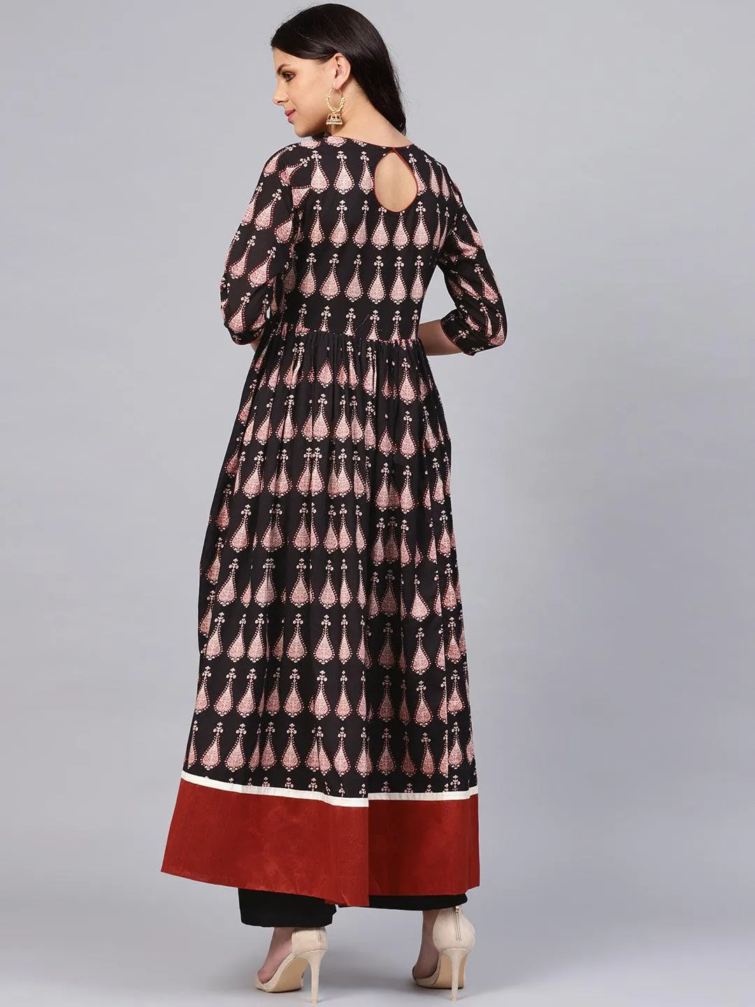 Divena Black Printed Cotton Floor Length Anarkali Kurta