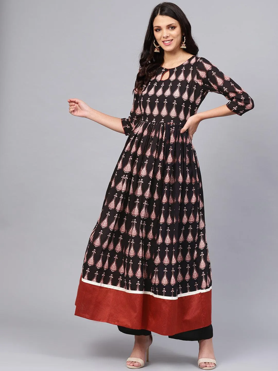 Divena Black Printed Cotton Floor Length Anarkali Kurta