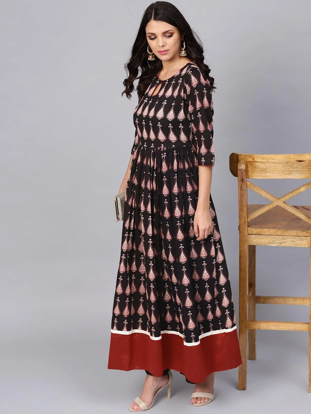 Divena Black Printed Cotton Floor Length Anarkali Kurta