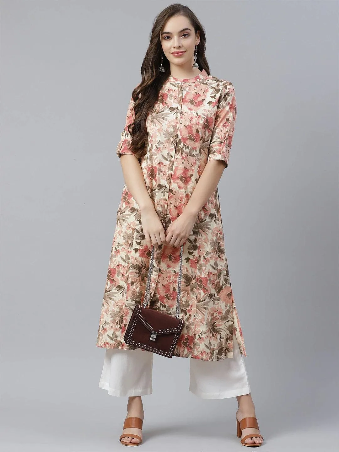 Divena Cream Cotton Floral Print A-line Kurta