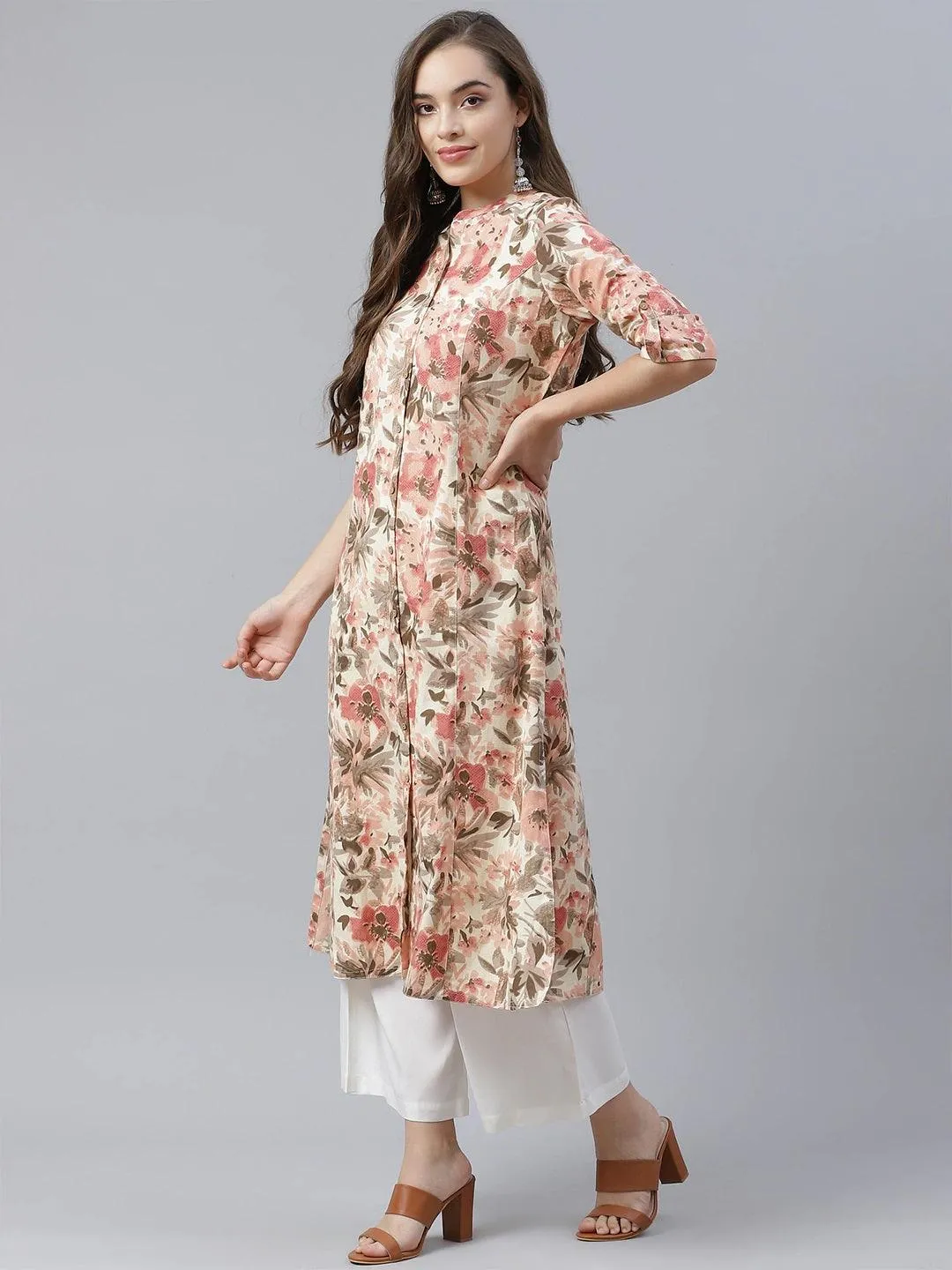 Divena Cream Cotton Floral Print A-line Kurta