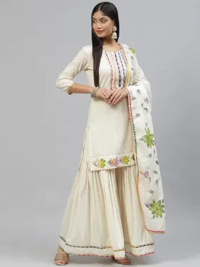 Divena Cream Solid Kurta Sharara Set with Hand Painted Dupatta