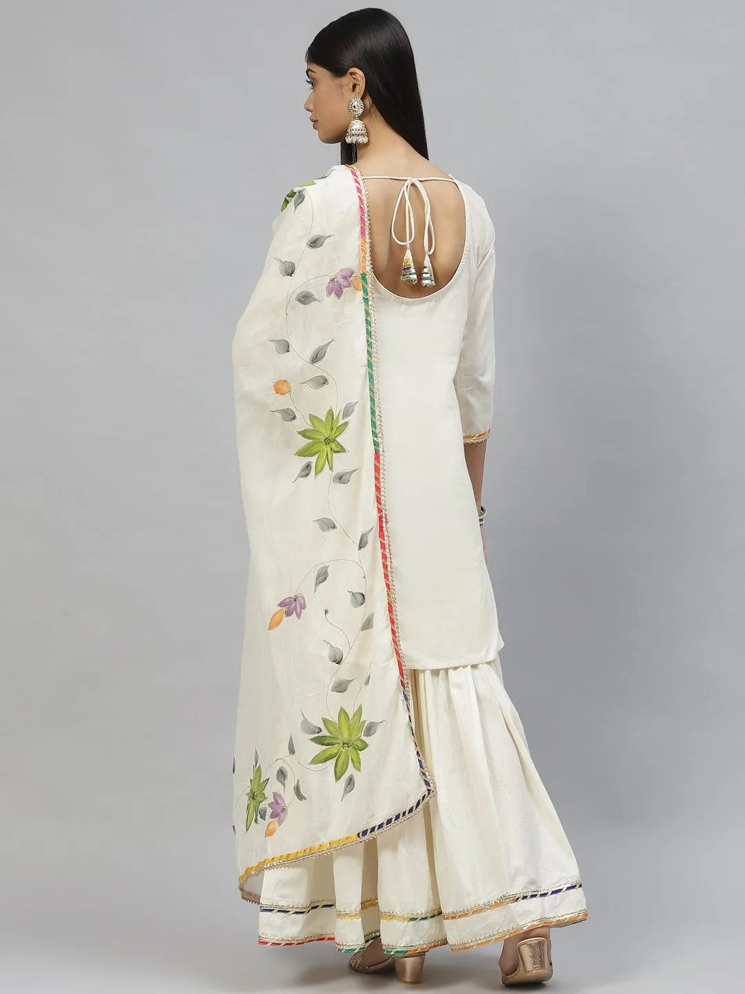 Divena Cream Solid Kurta Sharara Set with Hand Painted Dupatta