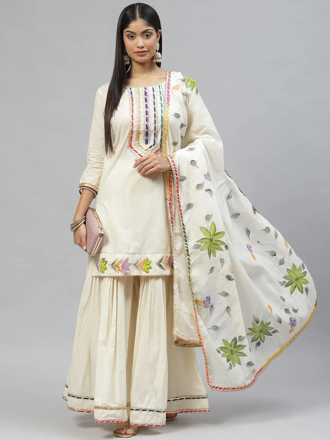 Divena Cream Solid Kurta Sharara Set with Hand Painted Dupatta