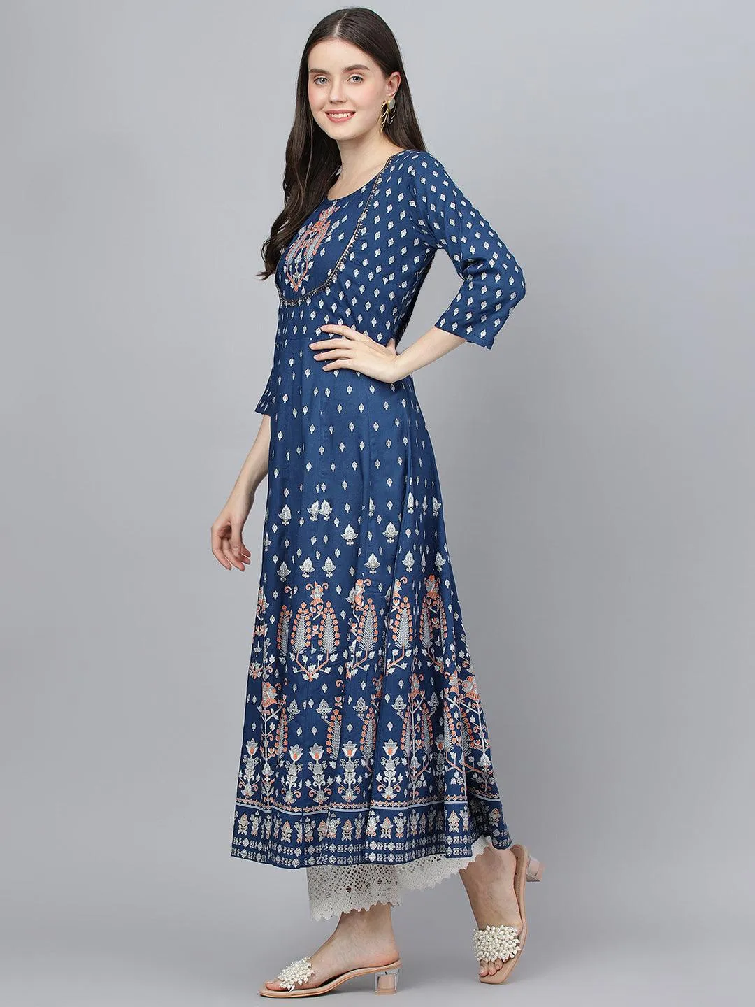 Divena Indigo Ethnic Motif Rayon Anarkali Kurta