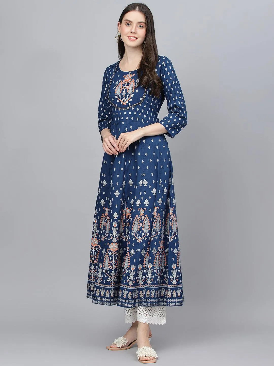 Divena Indigo Ethnic Motif Rayon Anarkali Kurta