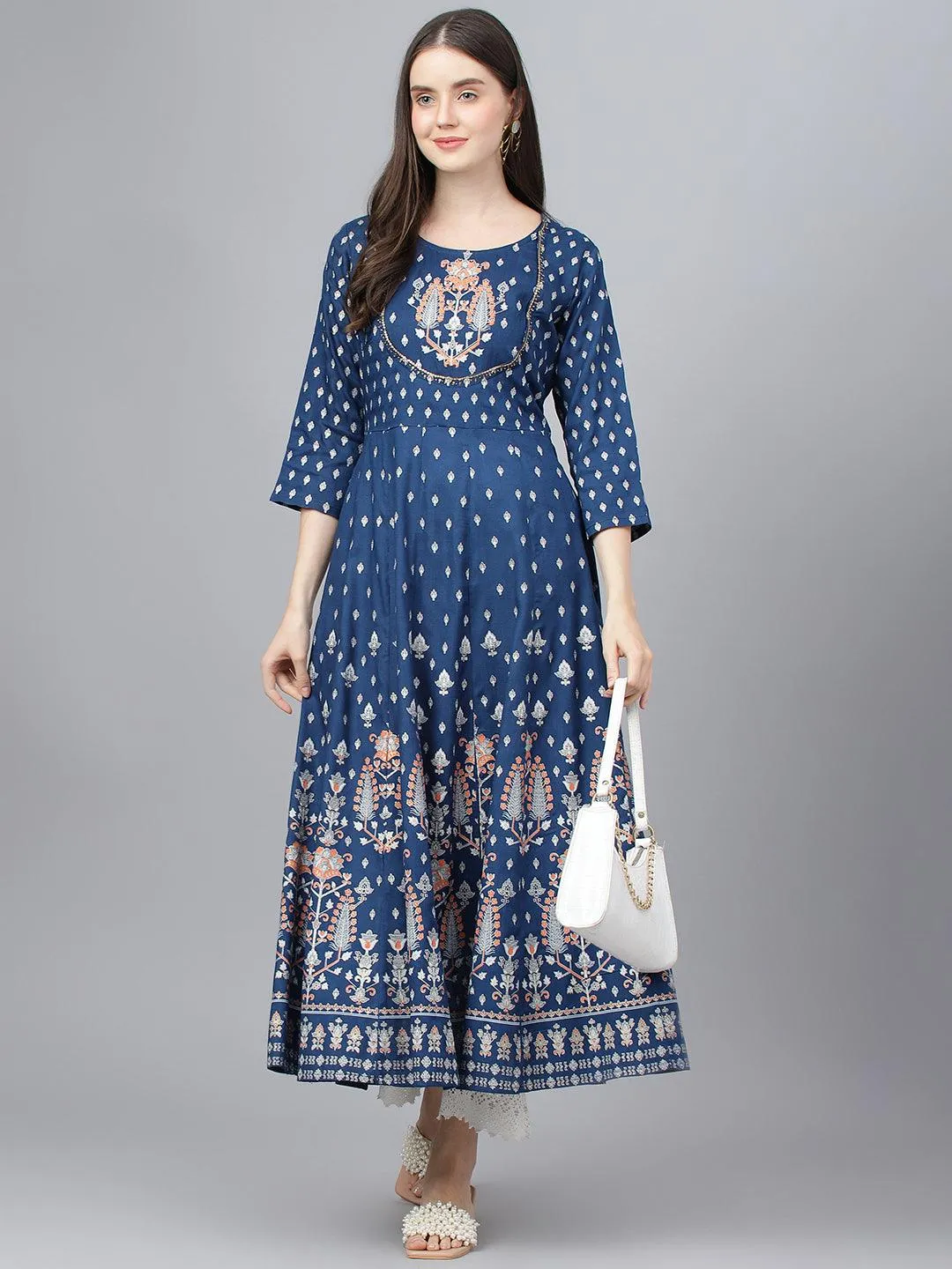 Divena Indigo Ethnic Motif Rayon Anarkali Kurta