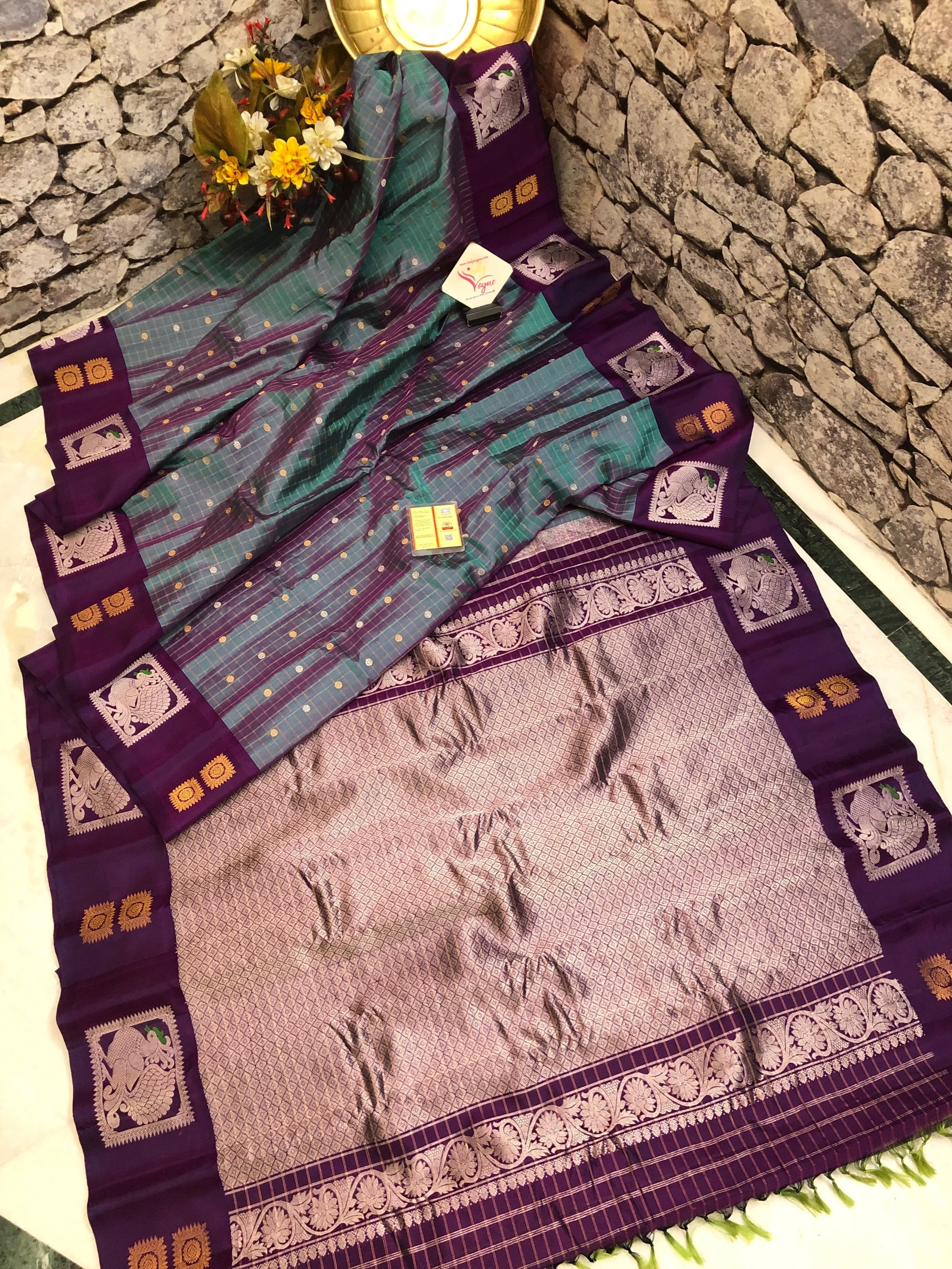 Dual Tone Purple Color Gadwal Silk with Zari Checks