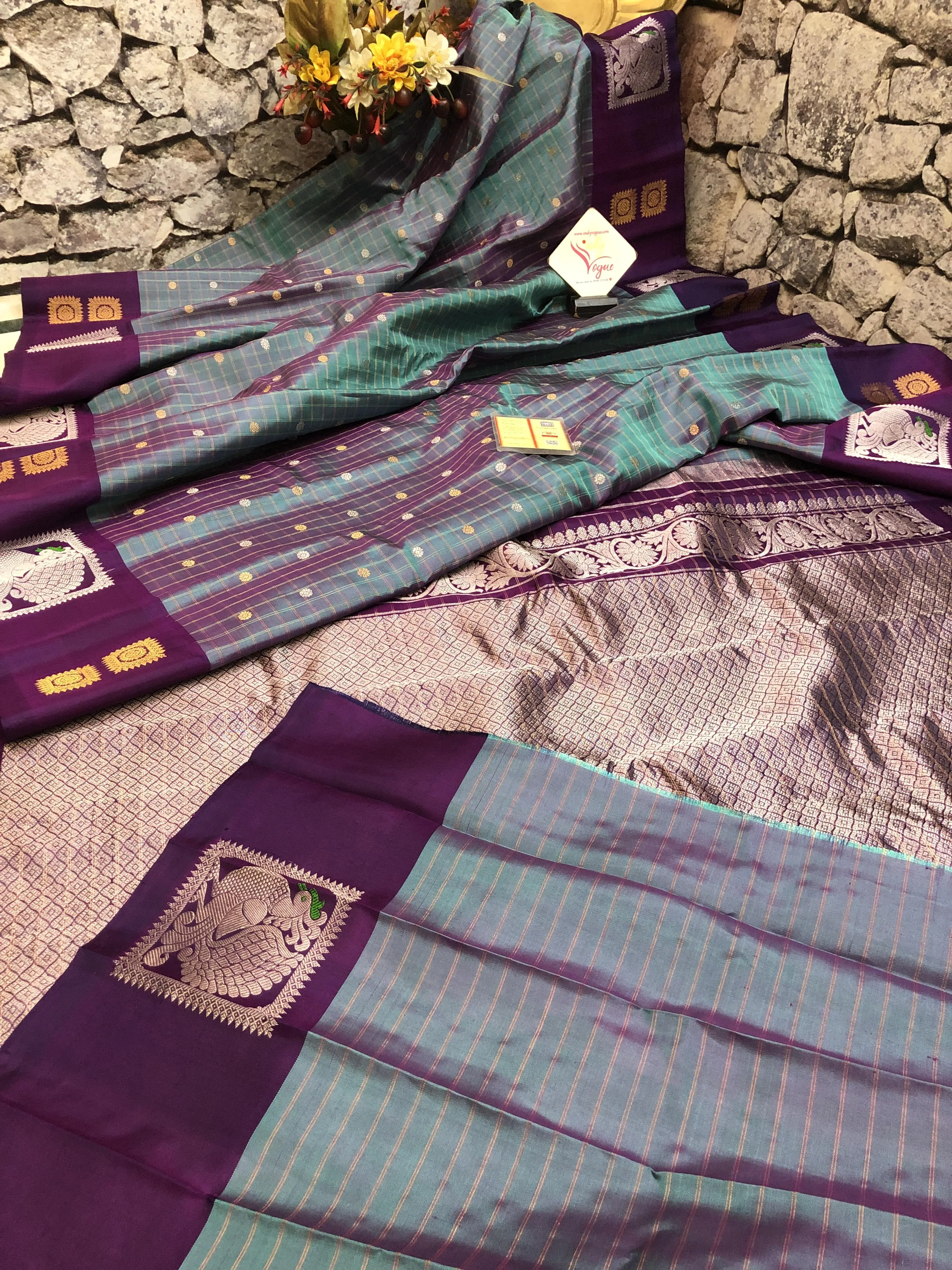 Dual Tone Purple Color Gadwal Silk with Zari Checks