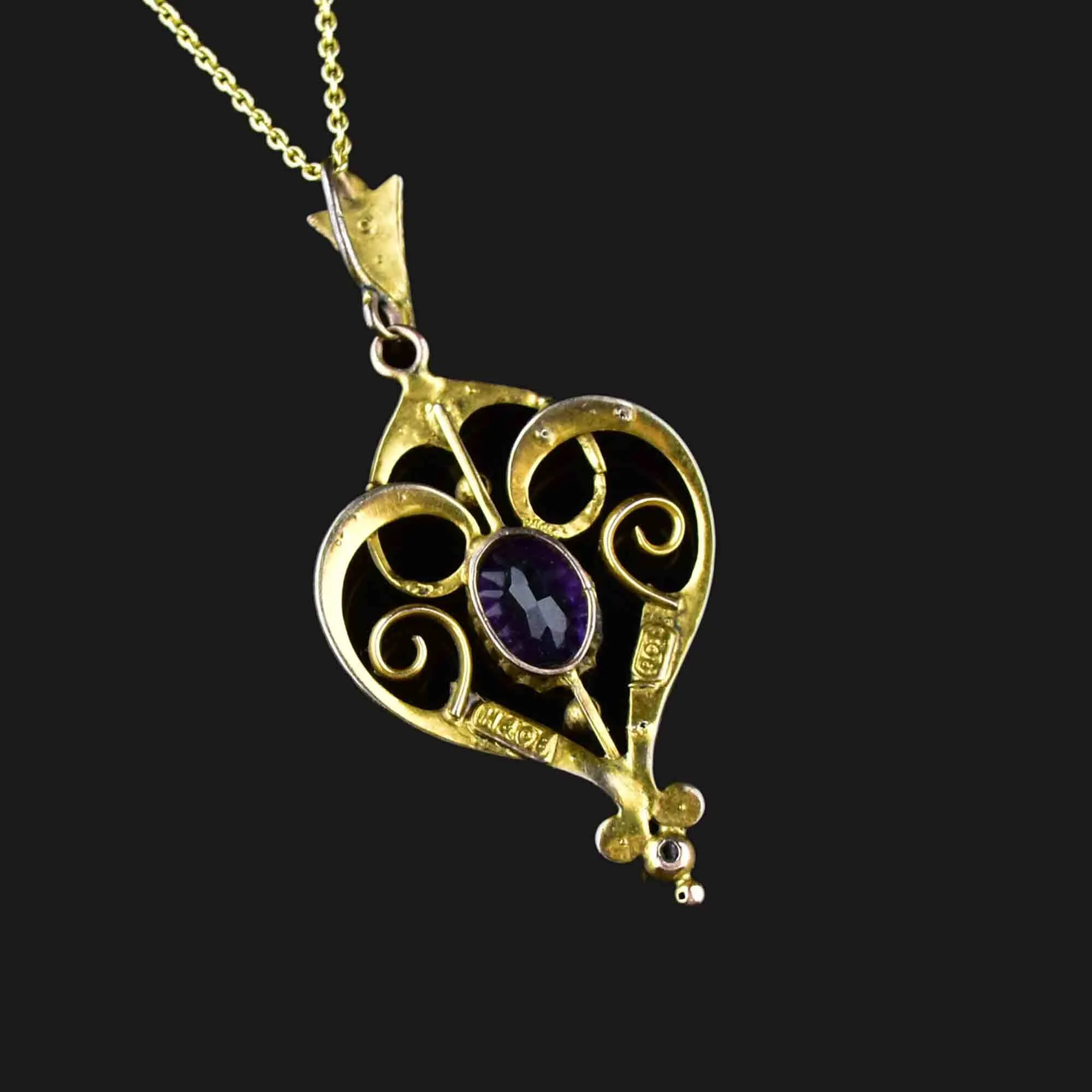 Edwardian Gold Amethyst Seed Pearl Lavalier Necklace