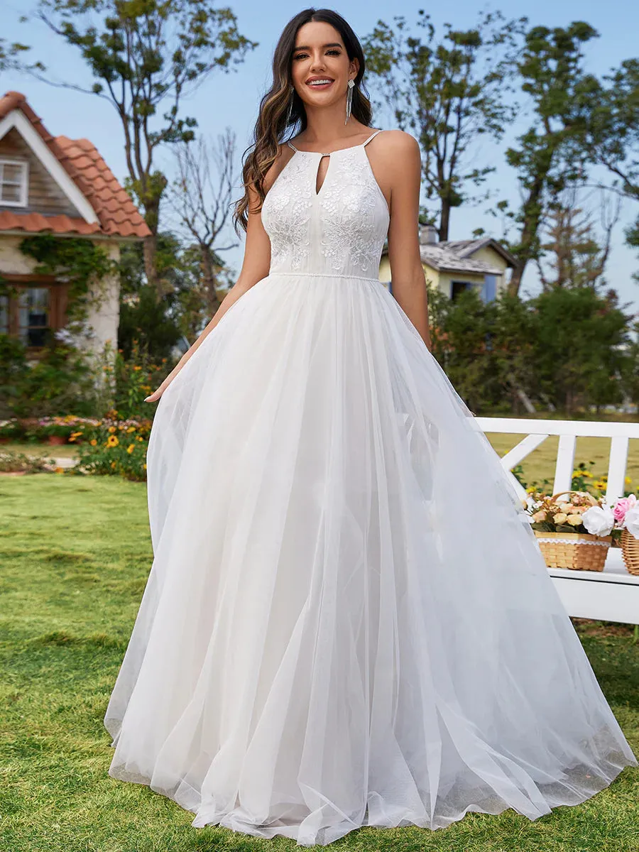 Elegant A-Line Floor Length Keyhole Neck Sleeveless Wedding Dress