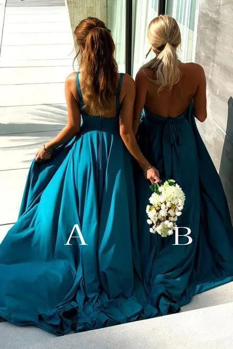 Elegant A Line Mermaid Deep V Neck Long Blue Backless Bridesmaid Dresses