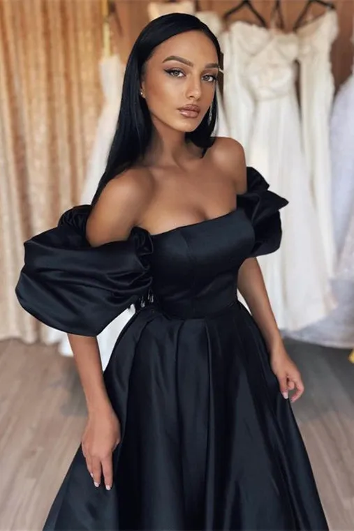 Elegant Black Mermaid Long Prom Dress with Strapless Bubble Sleeves