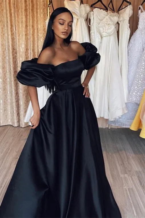 Elegant Black Mermaid Long Prom Dress with Strapless Bubble Sleeves