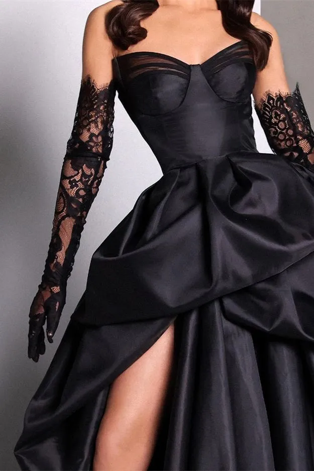 Elegant Black Taffeta Prom Dress with Sweetheart Neckline and Lace Gloves