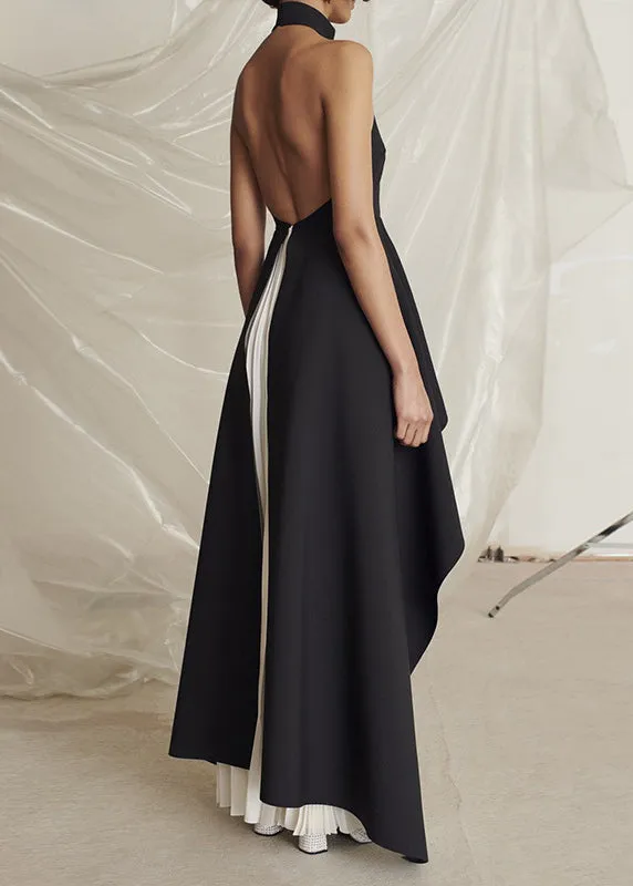 Elegant Black Turtleneck Asymmetrical Patchwork Maxi Vestidos Dresses Sleeveless ZL083