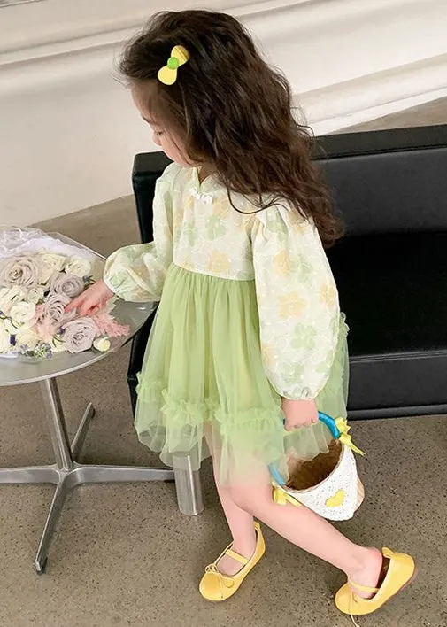 Elegant Green Stand Collar Tulle Patchwork Girls Dress Fall XZ093