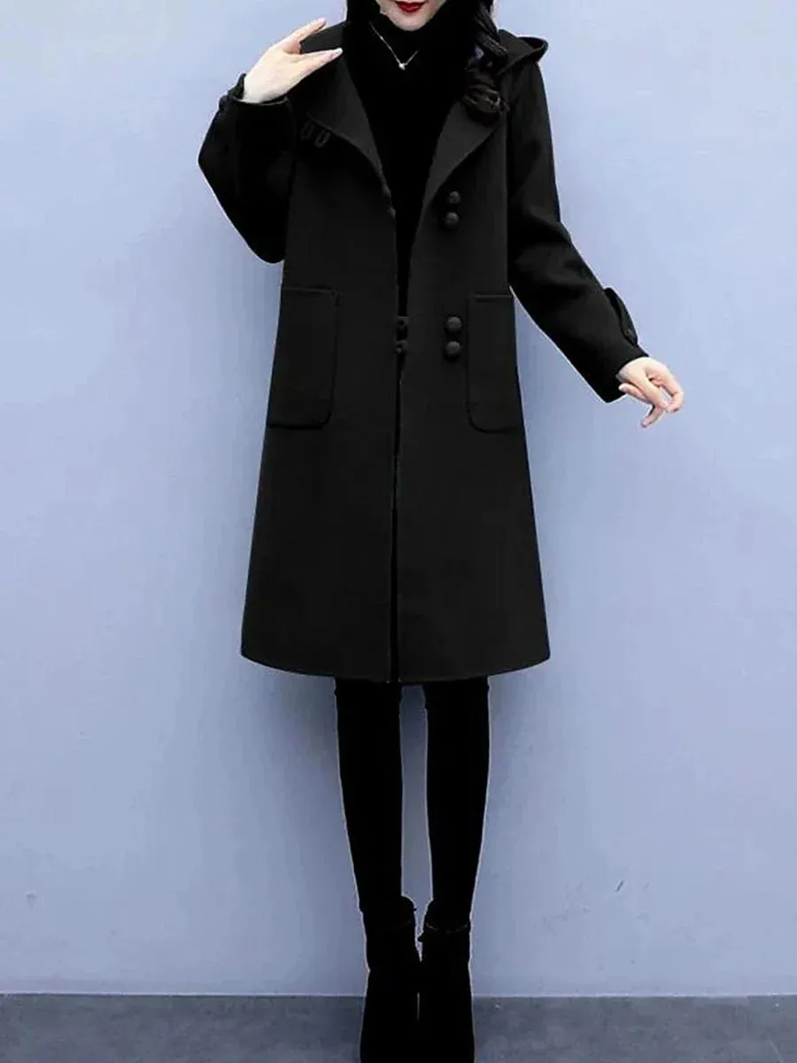 Elegant Hooded Overcoat for Women - Fall/Winter Windproof Pea Coat with Pockets