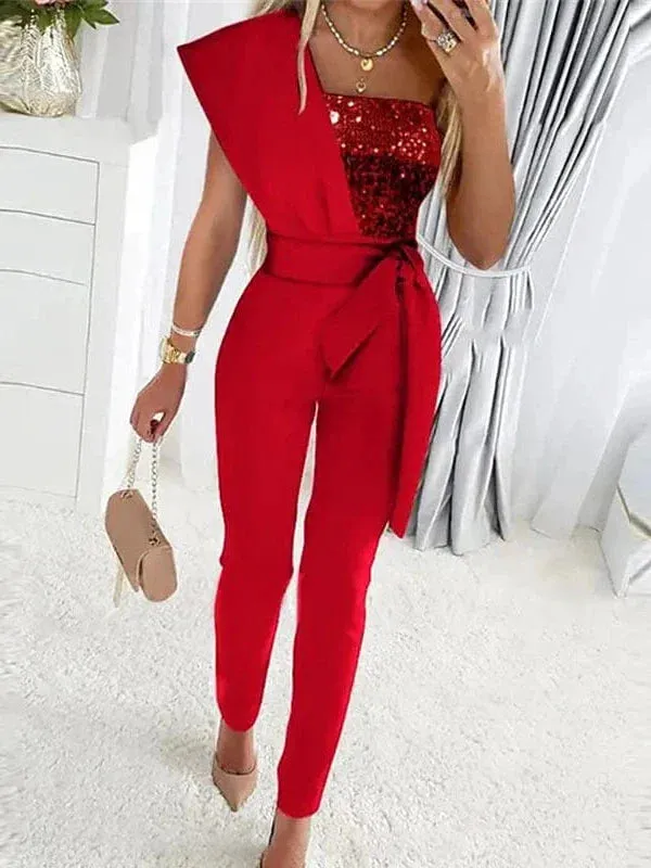 Elegant One Shoulder Sequin Jumpsuit for Women - Black Blue Gold